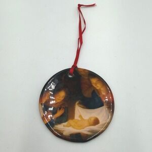 Nativity Scene Christmas Ornament Round Ceramic Red‎ Ribbon Hanger